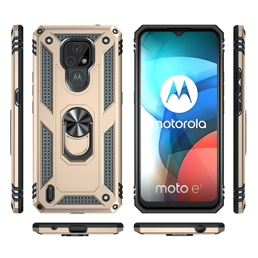 For Motorola Moto E7 Anti-Fall Phone Hybrid PC + TPU + Metal Case with Finger Ring Kickstand