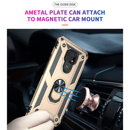 For Motorola Moto E7 Anti-Fall Phone Hybrid PC + TPU + Metal Case with Finger Ring Kickstand