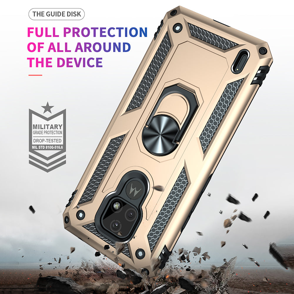 For Motorola Moto E7 Anti-Fall Phone Hybrid PC + TPU + Metal Case with Finger Ring Kickstand