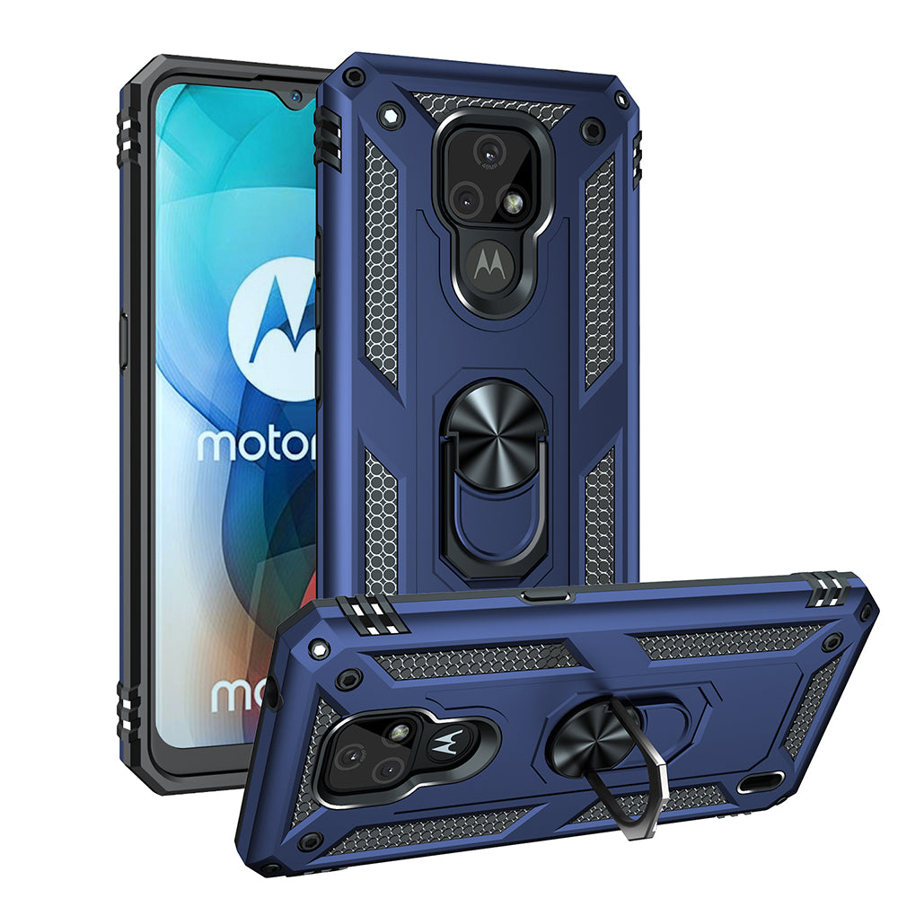 For Motorola Moto E7 Anti-Fall Phone Hybrid PC + TPU + Metal Case with Finger Ring Kickstand