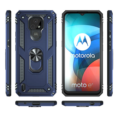 For Motorola Moto E7 Anti-Fall Phone Hybrid PC + TPU + Metal Case with Finger Ring Kickstand