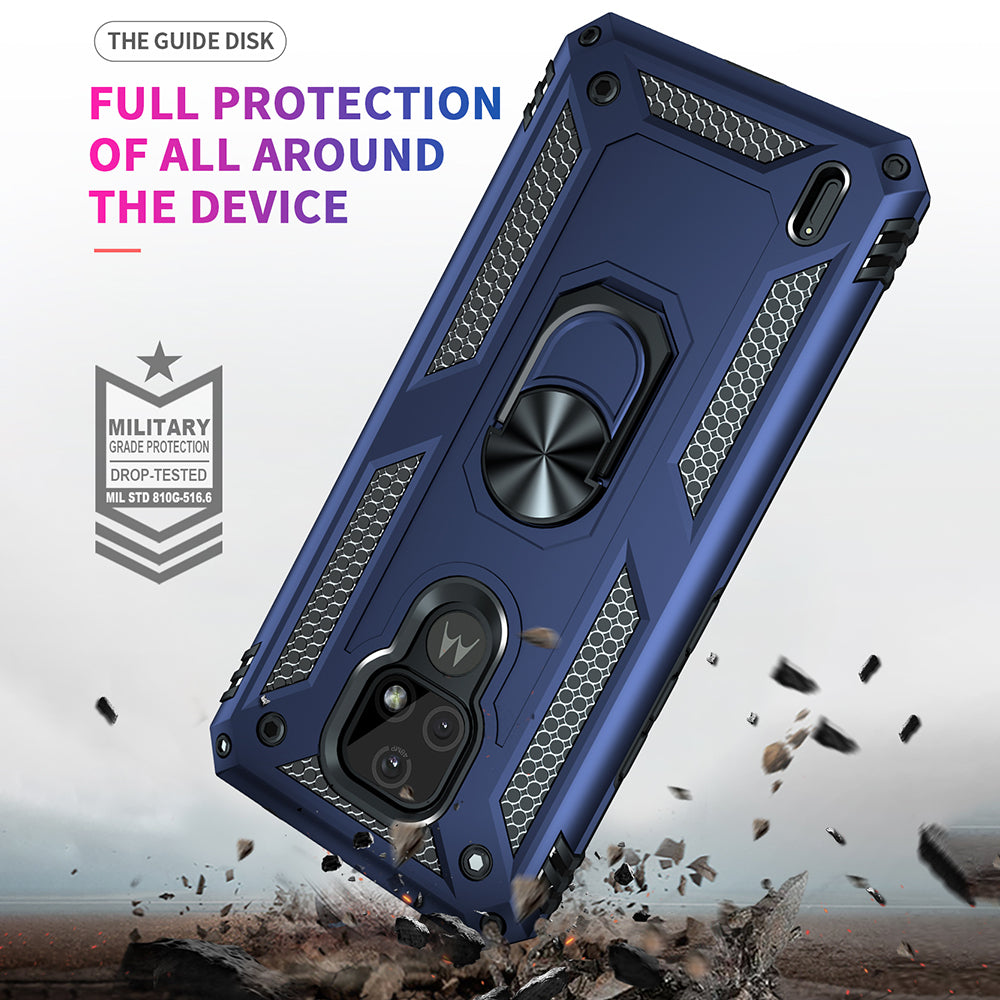 For Motorola Moto E7 Anti-Fall Phone Hybrid PC + TPU + Metal Case with Finger Ring Kickstand