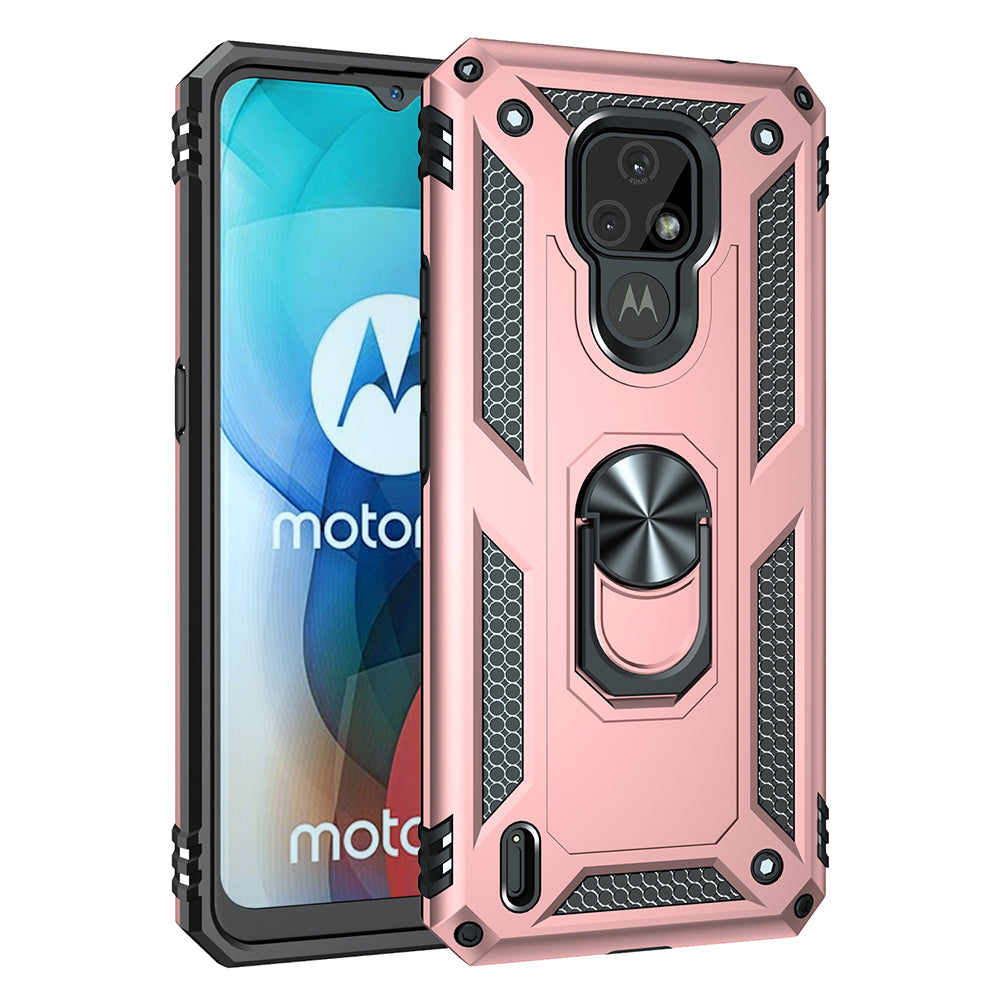 For Motorola Moto E7 Anti-Fall Phone Hybrid PC + TPU + Metal Case with Finger Ring Kickstand