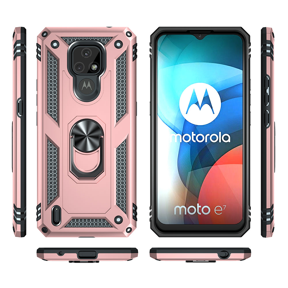 For Motorola Moto E7 Anti-Fall Phone Hybrid PC + TPU + Metal Case with Finger Ring Kickstand