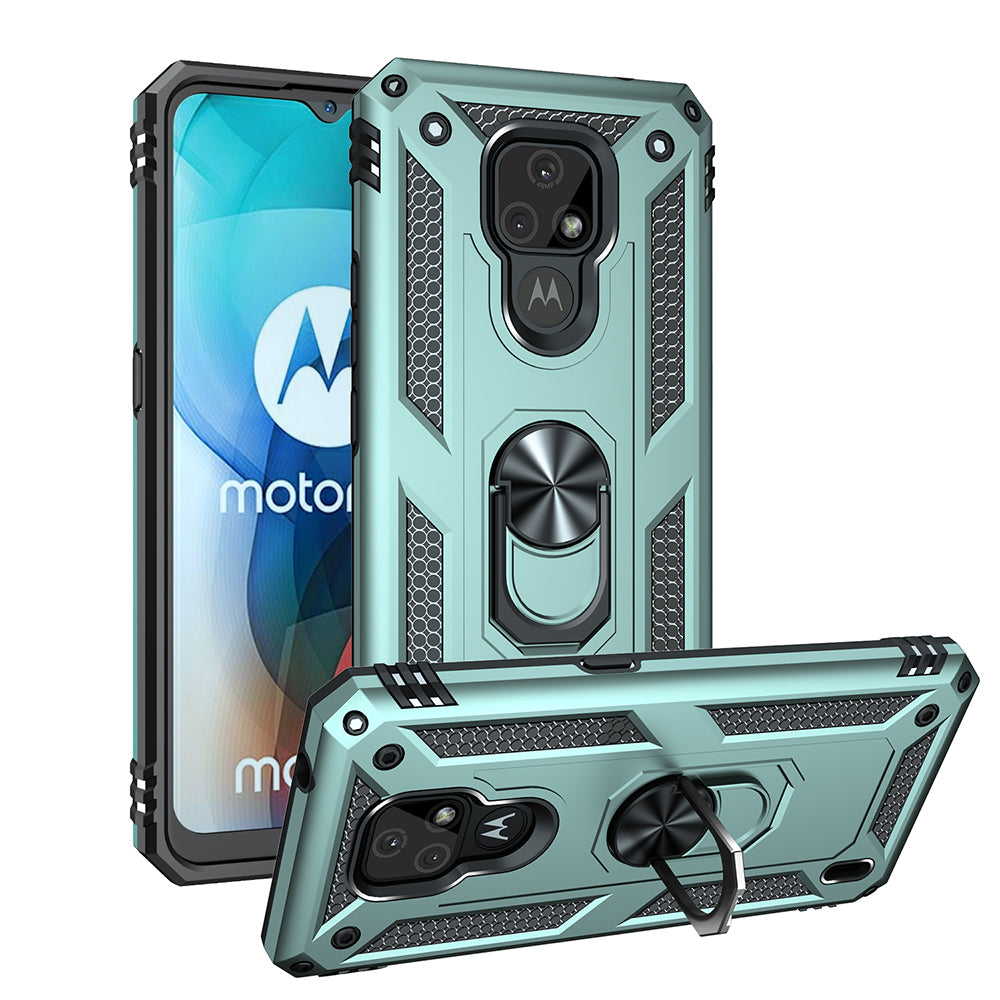 For Motorola Moto E7 Anti-Fall Phone Hybrid PC + TPU + Metal Case with Finger Ring Kickstand