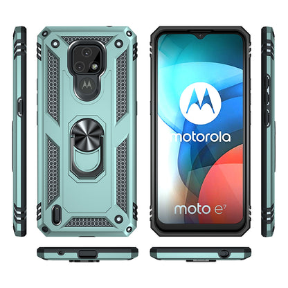 For Motorola Moto E7 Anti-Fall Phone Hybrid PC + TPU + Metal Case with Finger Ring Kickstand