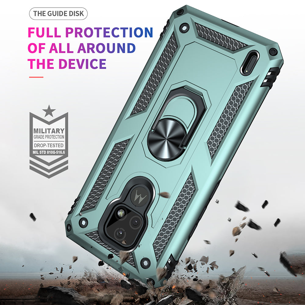 For Motorola Moto E7 Anti-Fall Phone Hybrid PC + TPU + Metal Case with Finger Ring Kickstand