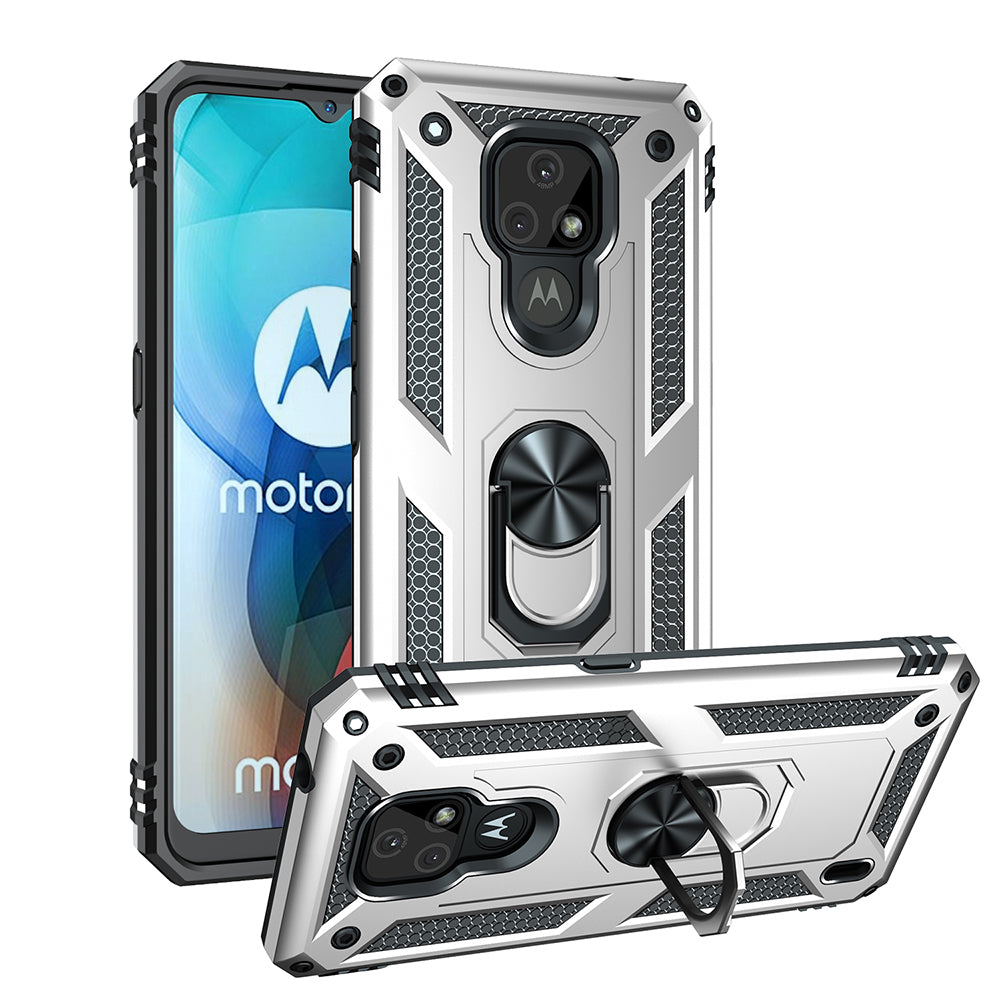 For Motorola Moto E7 Anti-Fall Phone Hybrid PC + TPU + Metal Case with Finger Ring Kickstand