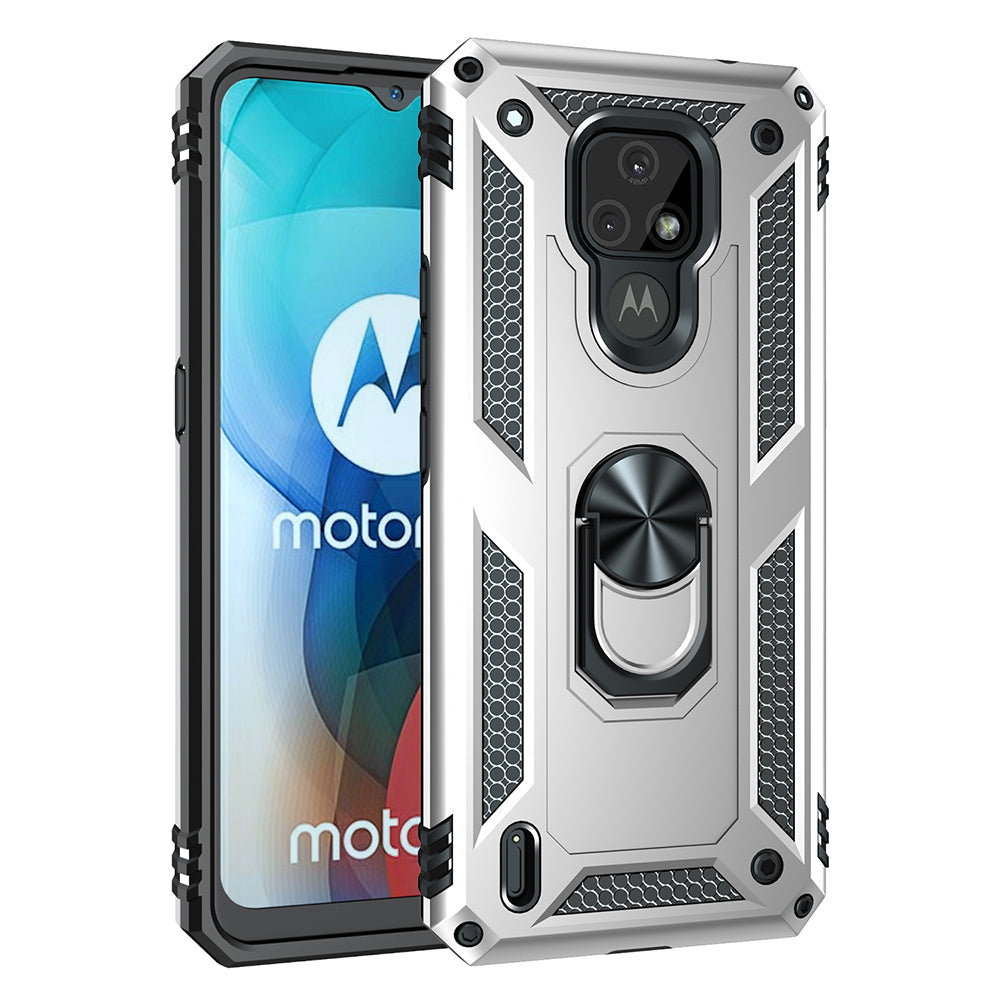 For Motorola Moto E7 Anti-Fall Phone Hybrid PC + TPU + Metal Case with Finger Ring Kickstand