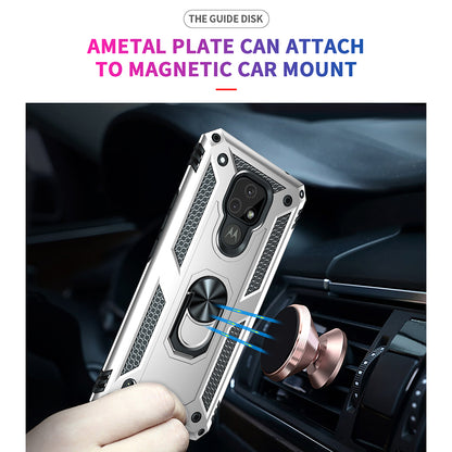 For Motorola Moto E7 Anti-Fall Phone Hybrid PC + TPU + Metal Case with Finger Ring Kickstand