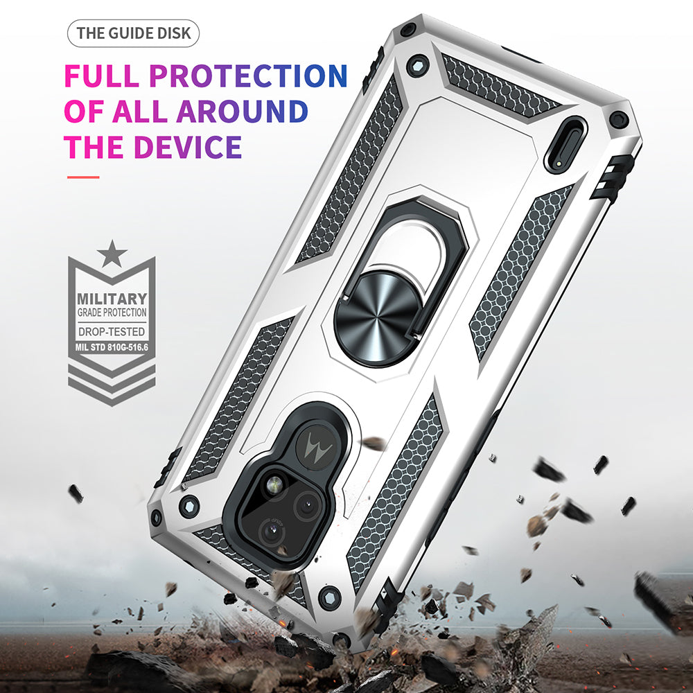 For Motorola Moto E7 Anti-Fall Phone Hybrid PC + TPU + Metal Case with Finger Ring Kickstand