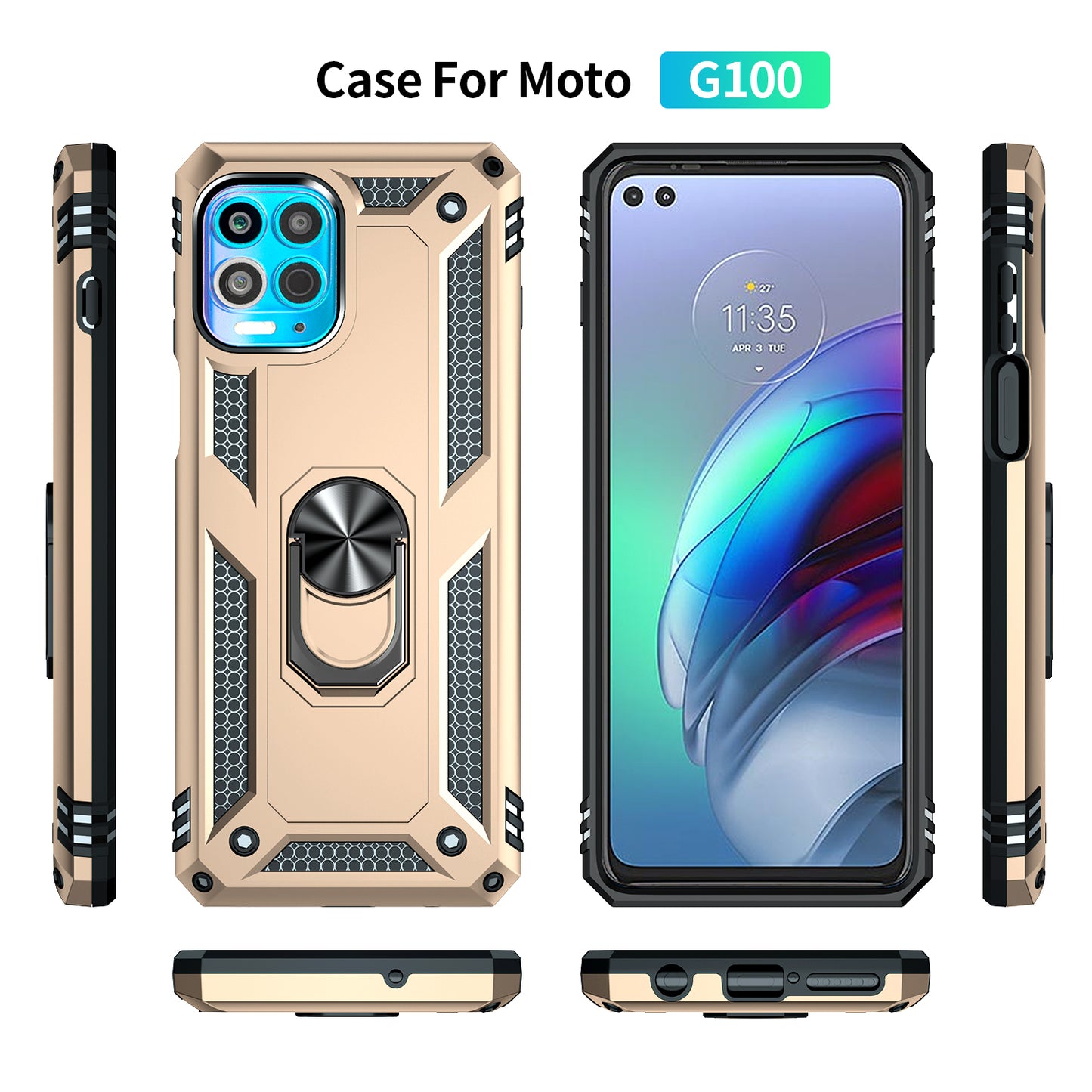 Anti-Fall Phone Hybrid Plastic + TPU + Metal Case Cover with Finger Ring Kickstand for Motorola Edge S / Moto G100