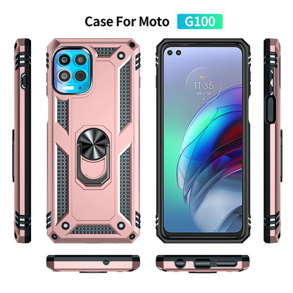 Anti-Fall Phone Hybrid Plastic + TPU + Metal Case Cover with Finger Ring Kickstand for Motorola Edge S / Moto G100