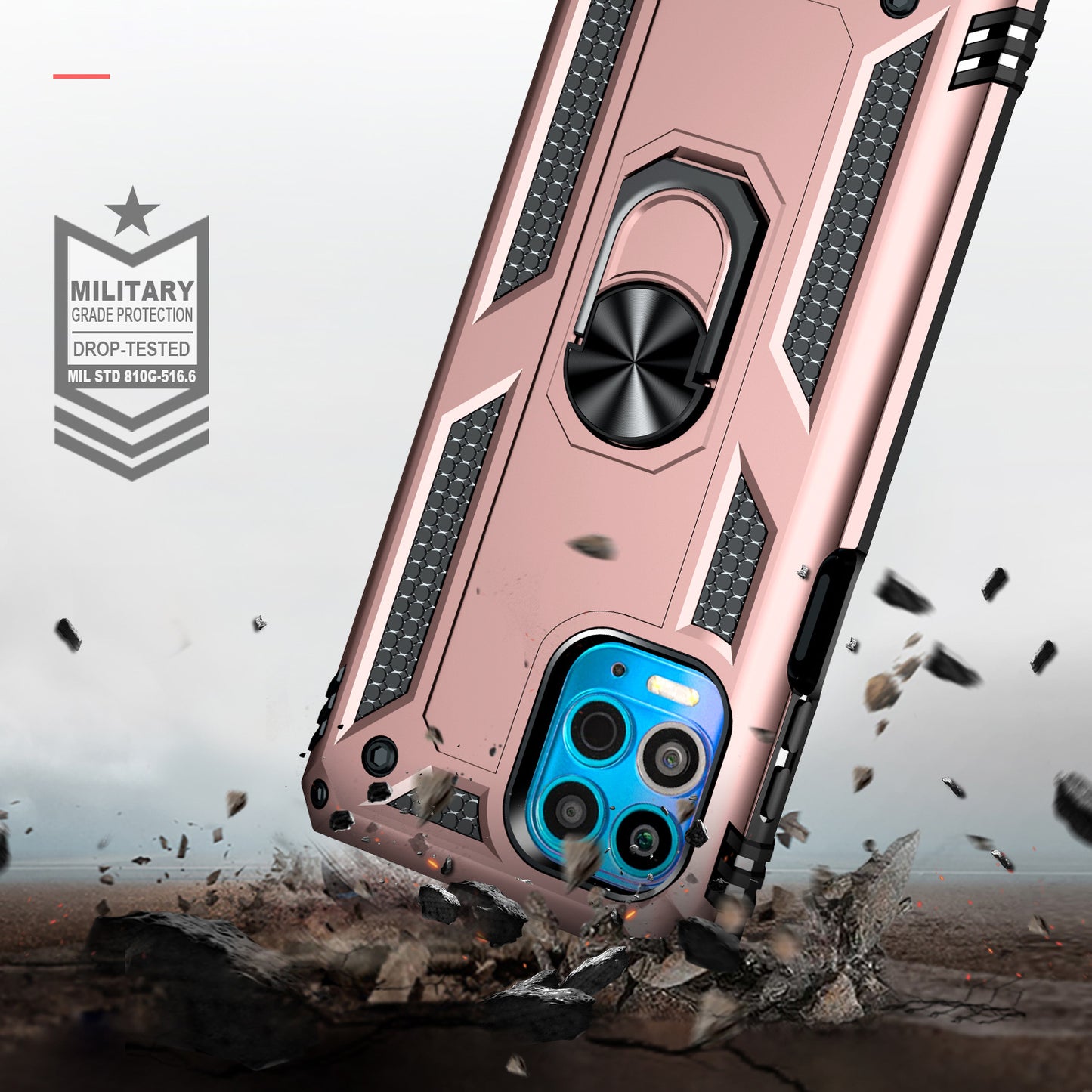 Anti-Fall Phone Hybrid Plastic + TPU + Metal Case Cover with Finger Ring Kickstand for Motorola Edge S / Moto G100