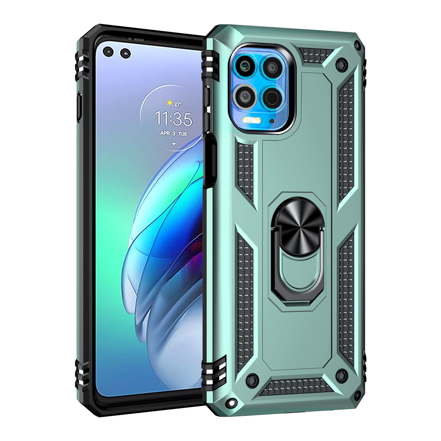 Anti-Fall Phone Hybrid Plastic + TPU + Metal Case Cover with Finger Ring Kickstand for Motorola Edge S / Moto G100