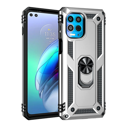 Anti-Fall Phone Hybrid Plastic + TPU + Metal Case Cover with Finger Ring Kickstand for Motorola Edge S / Moto G100