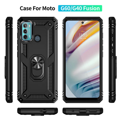 Miltary Grade Drop Protection Magnetic Ring Kickstand Hybrid Plastic PC+TPU Impact Resistant Case Cover for Motorola Moto G60 / G40 Fusion