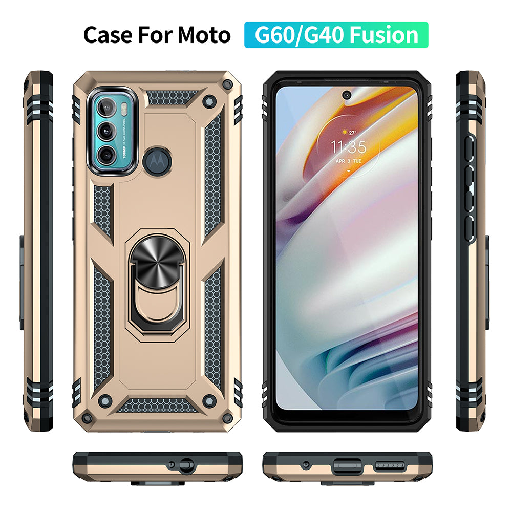 Miltary Grade Drop Protection Magnetic Ring Kickstand Hybrid Plastic PC+TPU Impact Resistant Case Cover for Motorola Moto G60 / G40 Fusion