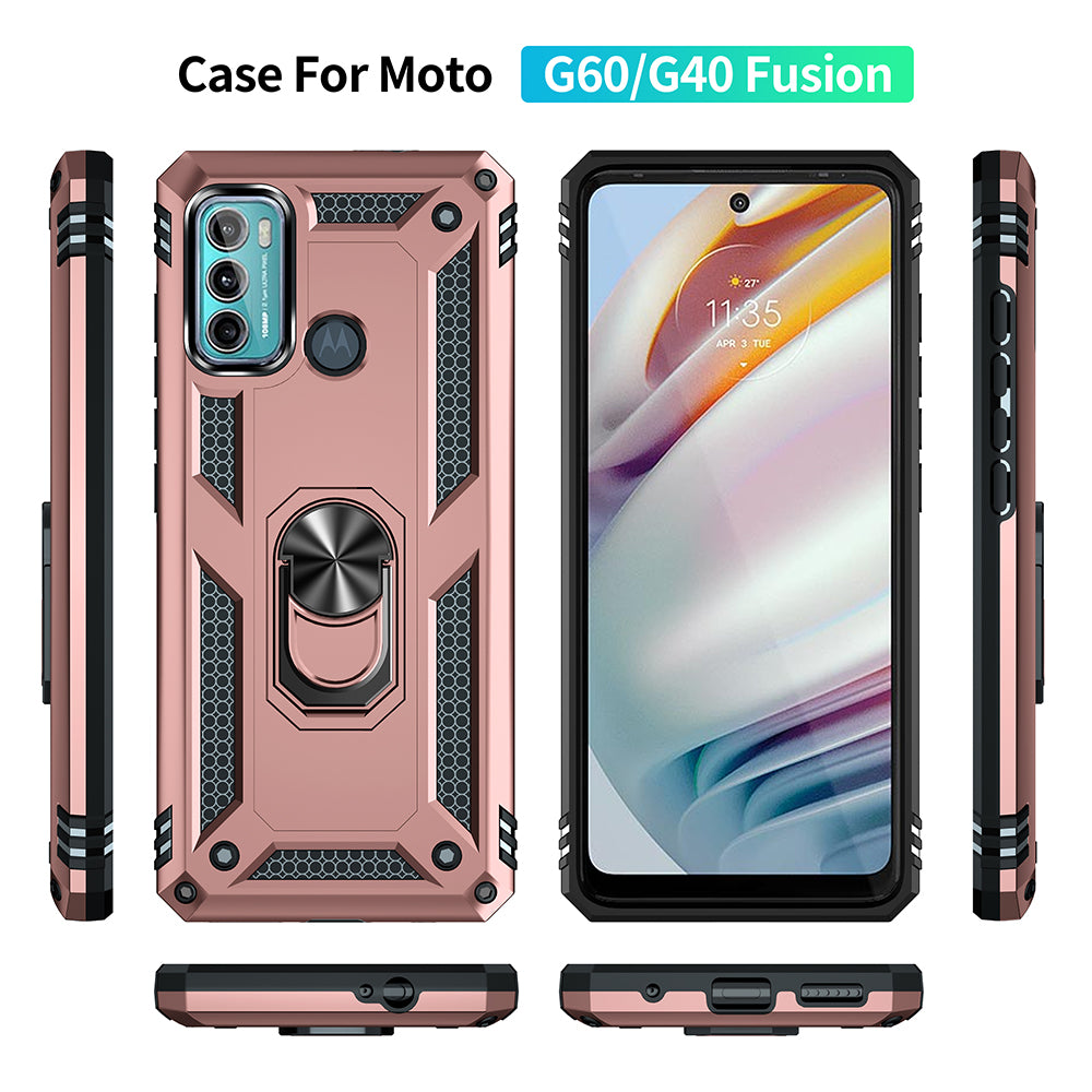 Miltary Grade Drop Protection Magnetic Ring Kickstand Hybrid Plastic PC+TPU Impact Resistant Case Cover for Motorola Moto G60 / G40 Fusion