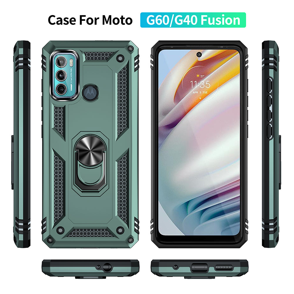 Miltary Grade Drop Protection Magnetic Ring Kickstand Hybrid Plastic PC+TPU Impact Resistant Case Cover for Motorola Moto G60 / G40 Fusion