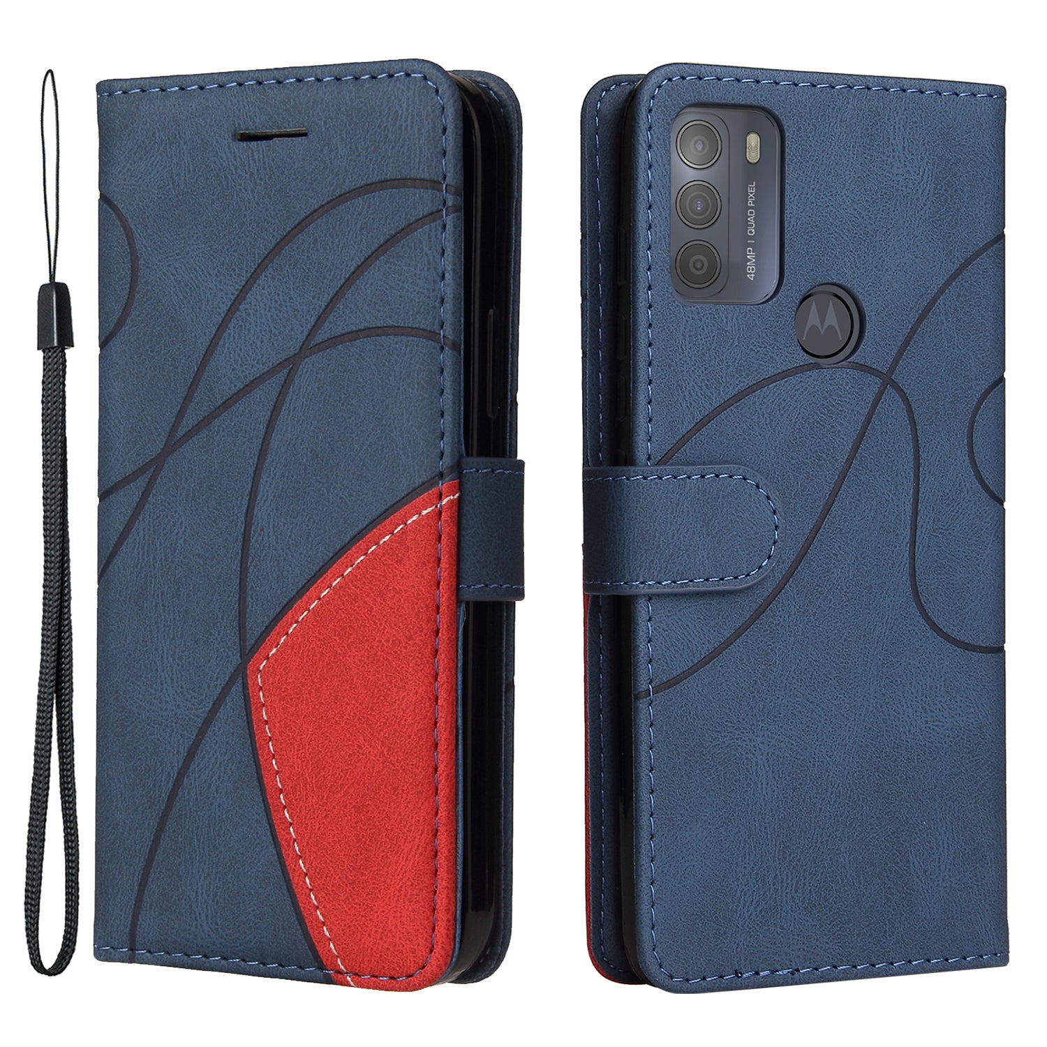 KT Leather Series-1 Splicing Magnetic Clasp Design for Motorola Moto G50, PU Leather Flip Folio Stand Cover with Wrist Strap