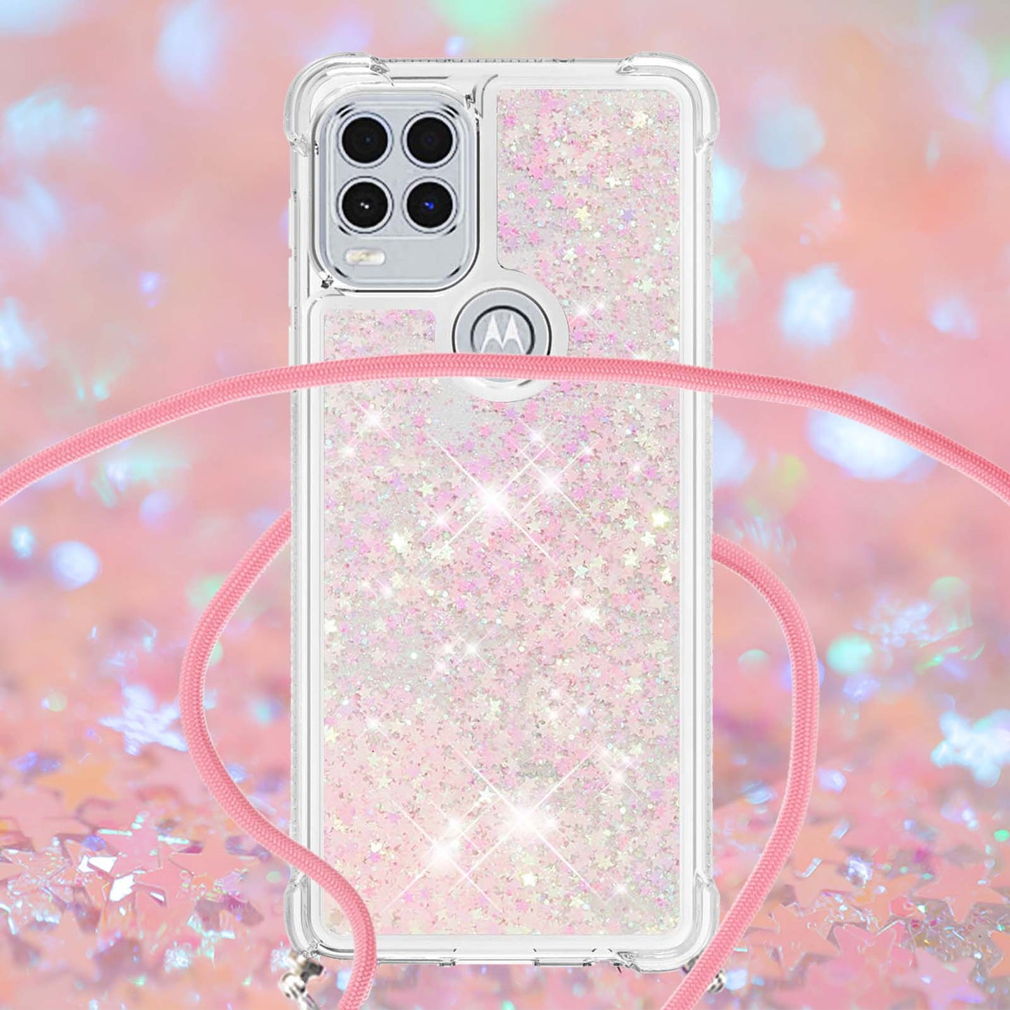 Floating Quicksand Shiny Glitter Mobile Phone TPU Cover with Lanyard for Motorola Moto G Stylus 5G (2021)