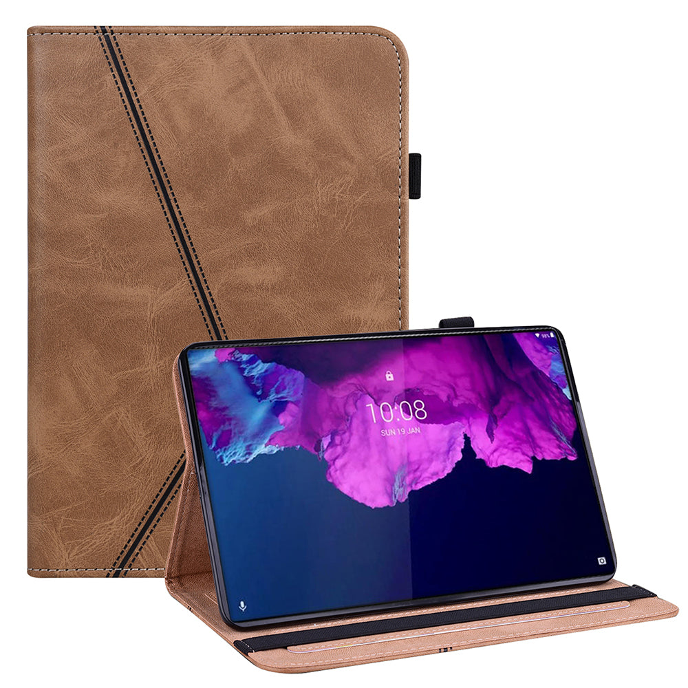 Drop-Resistant Plain Leather Tablet Stand Cover with Card Holder and Pen Strap for Lenovo Tab P11 TB-J606F / Tab P11 5G