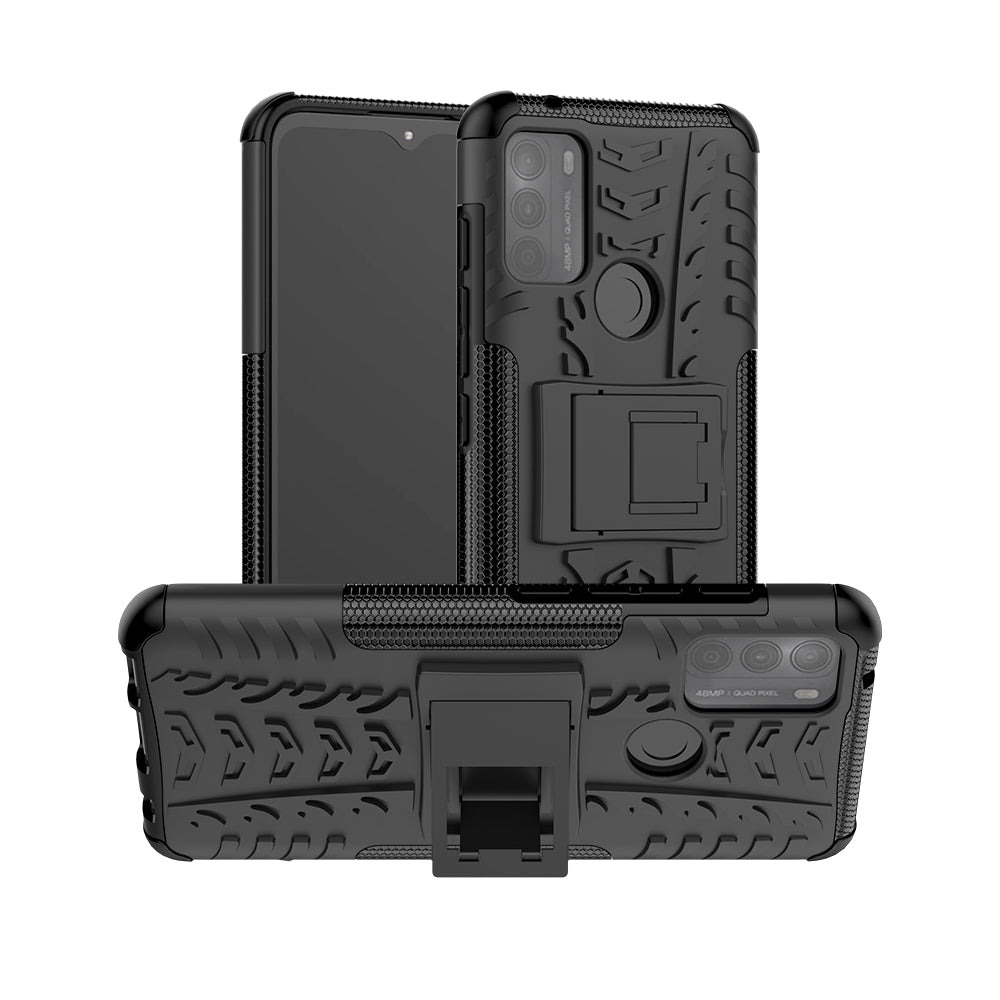 Tire Texture Hybrid Rugged 2-in-1 TPU + PC Combo Dual Layer Shockproof Protective Cover with Kickstand for Motorola Moto G50