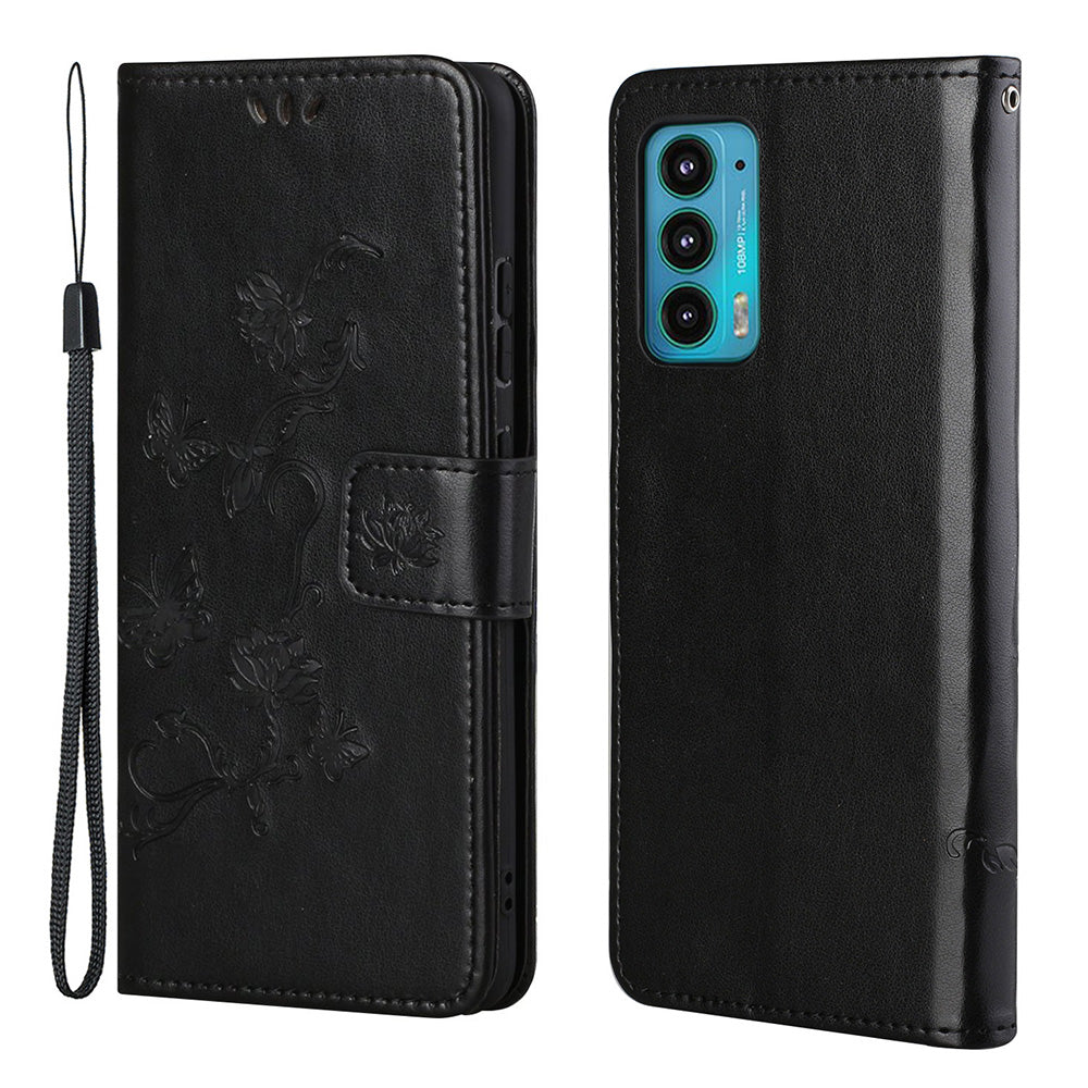 Butterfly Flower Imprinting Leather Cover Phone Standing Shell with Wallet Design for Motorola Edge 20