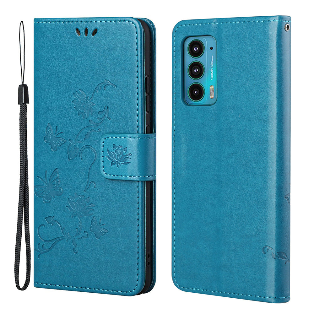 Butterfly Flower Imprinting Leather Cover Phone Standing Shell with Wallet Design for Motorola Edge 20