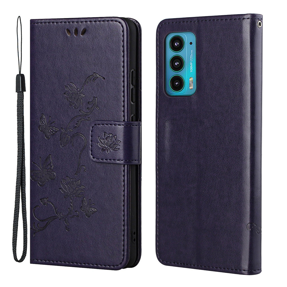 Butterfly Flower Imprinting Leather Cover Phone Standing Shell with Wallet Design for Motorola Edge 20