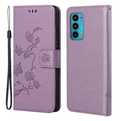 Butterfly Flower Imprinting Leather Cover Phone Standing Shell with Wallet Design for Motorola Edge 20