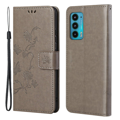 Butterfly Flower Imprinting Leather Cover Phone Standing Shell with Wallet Design for Motorola Edge 20