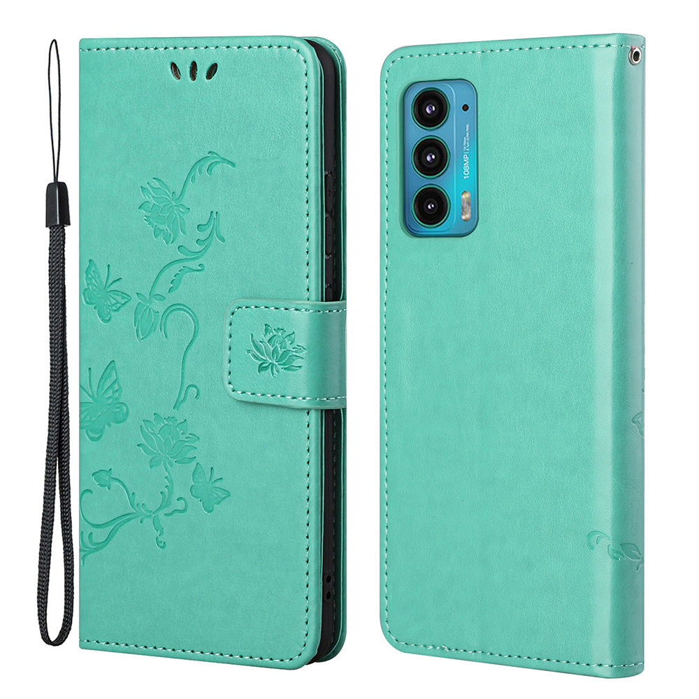 Butterfly Flower Imprinting Leather Cover Phone Standing Shell with Wallet Design for Motorola Edge 20