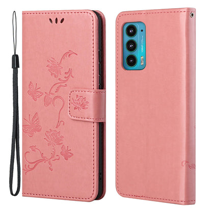 Butterfly Flower Imprinting Leather Cover Phone Standing Shell with Wallet Design for Motorola Edge 20