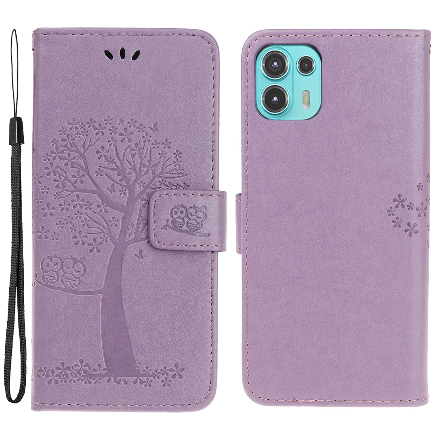 Owl and Tree Pattern Imprinted Wallet Stand Leather Case Shell with Wrist Strap for Motorola Edge 20 Lite