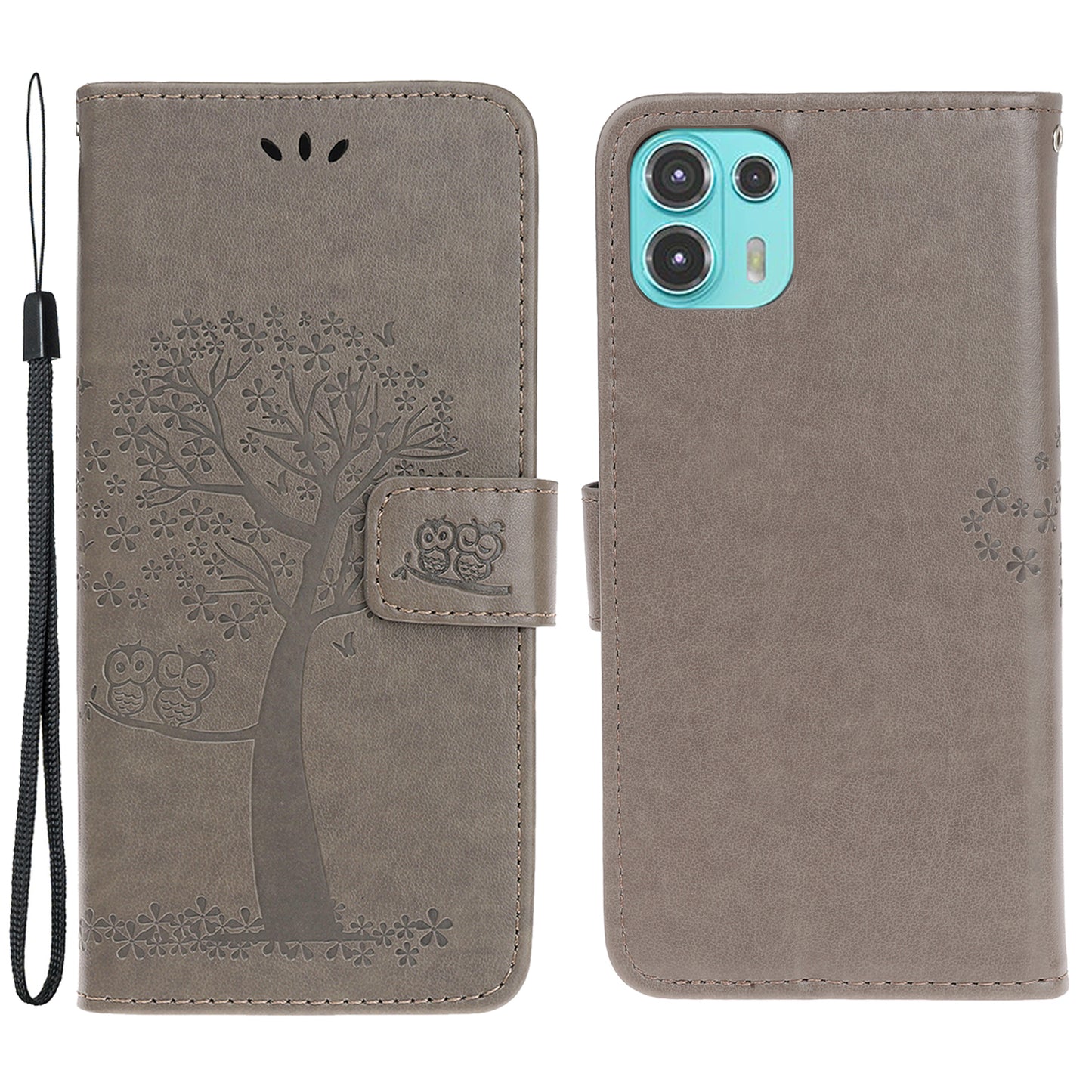 Owl and Tree Pattern Imprinted Wallet Stand Leather Case Shell with Wrist Strap for Motorola Edge 20 Lite