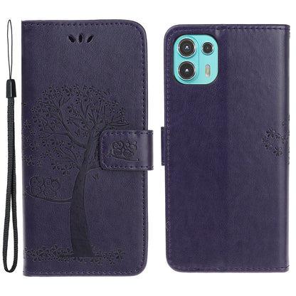 Owl and Tree Pattern Imprinted Wallet Stand Leather Case Shell with Wrist Strap for Motorola Edge 20 Lite