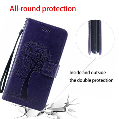 Owl and Tree Pattern Imprinted Wallet Stand Leather Case Shell with Wrist Strap for Motorola Edge 20 Lite