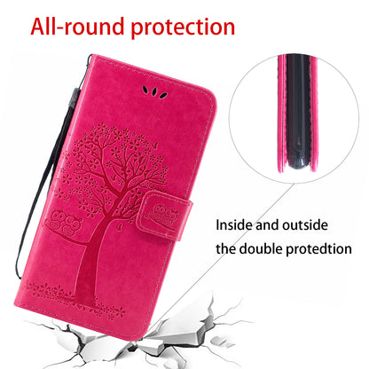 Owl and Tree Pattern Imprinted Wallet Stand Leather Case Shell with Wrist Strap for Motorola Edge 20 Lite