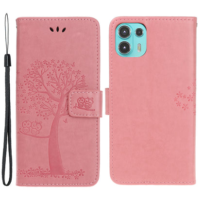 Owl and Tree Pattern Imprinted Wallet Stand Leather Case Shell with Wrist Strap for Motorola Edge 20 Lite