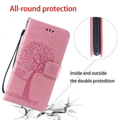 Owl and Tree Pattern Imprinted Wallet Stand Leather Case Shell with Wrist Strap for Motorola Edge 20 Lite