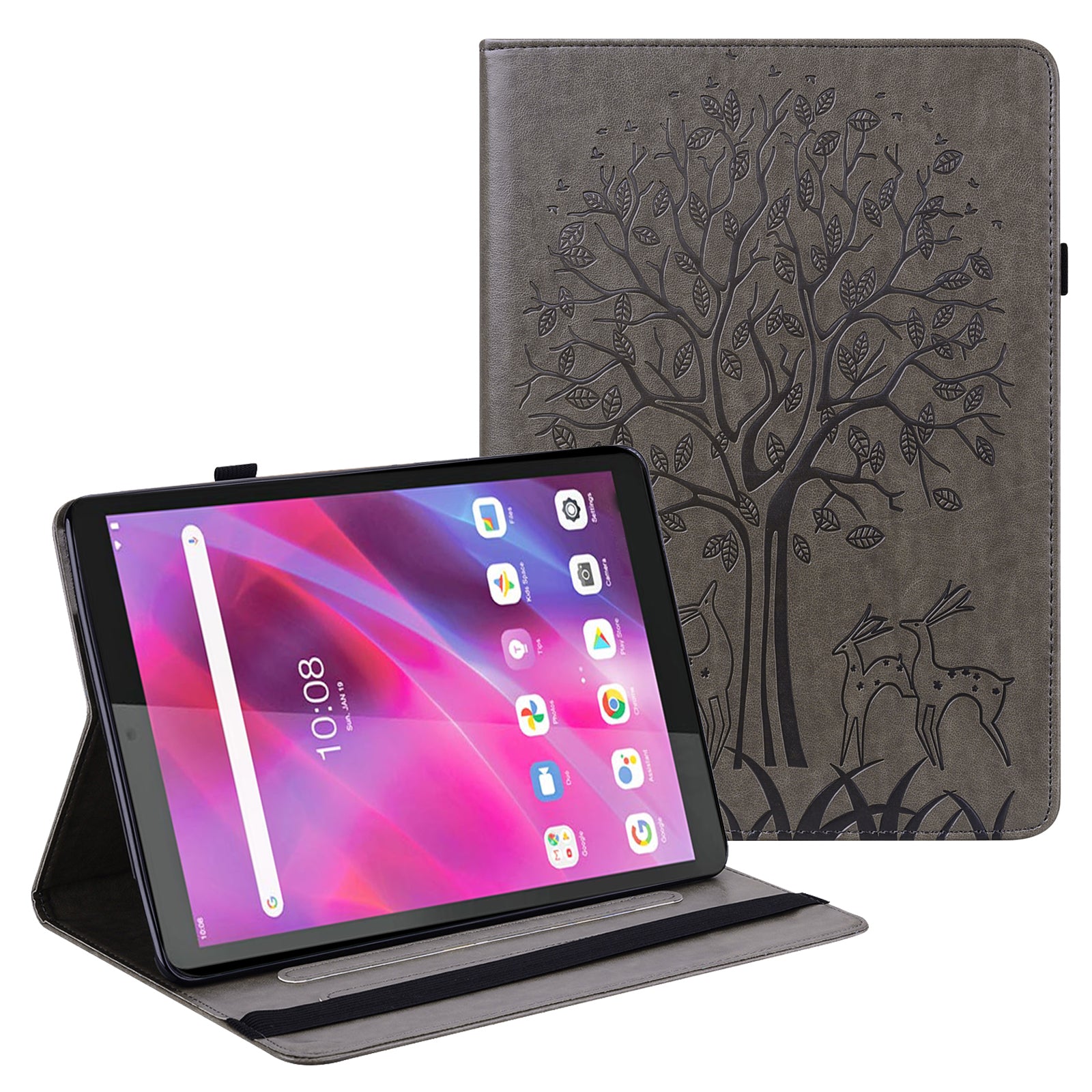 Imprint Tree and Deer Pattern Elastic Strap Closure Leather Stand Tablet Cover for Lenovo Tab M10 HD (TB-X505L/TB-X505F)/M10 (TB-X605L/TB-X605F)/Tab P10 (TB-X705F TB-X705L)