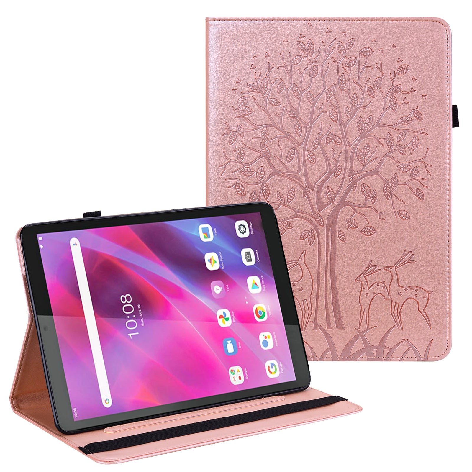 Imprint Tree and Deer Pattern Elastic Strap Closure Leather Stand Tablet Cover for Lenovo Tab M10 HD (TB-X505L/TB-X505F)/M10 (TB-X605L/TB-X605F)/Tab P10 (TB-X705F TB-X705L)