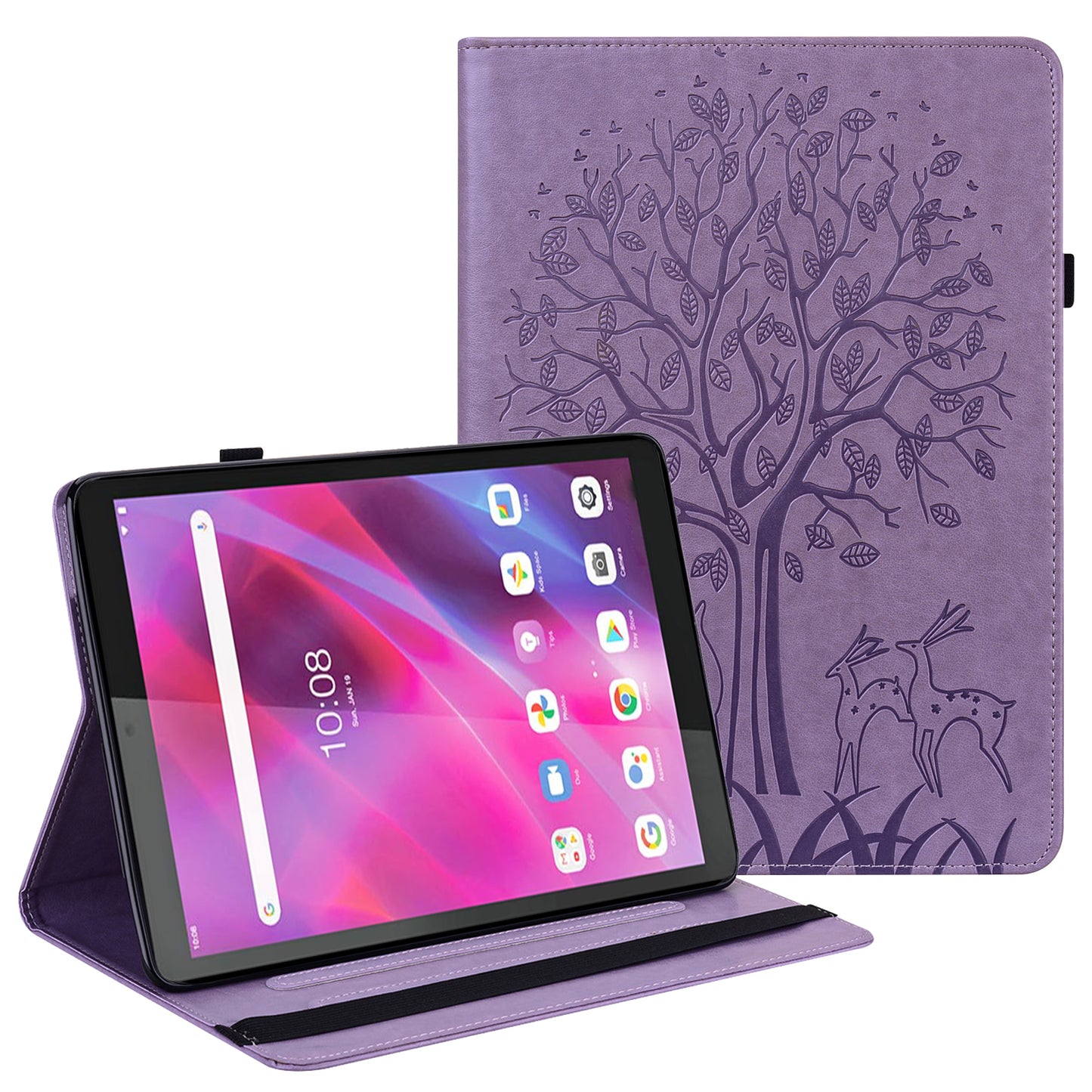 Imprint Tree and Deer Pattern Elastic Strap Closure Leather Stand Tablet Cover for Lenovo Tab M10 HD (TB-X505L/TB-X505F)/M10 (TB-X605L/TB-X605F)/Tab P10 (TB-X705F TB-X705L)