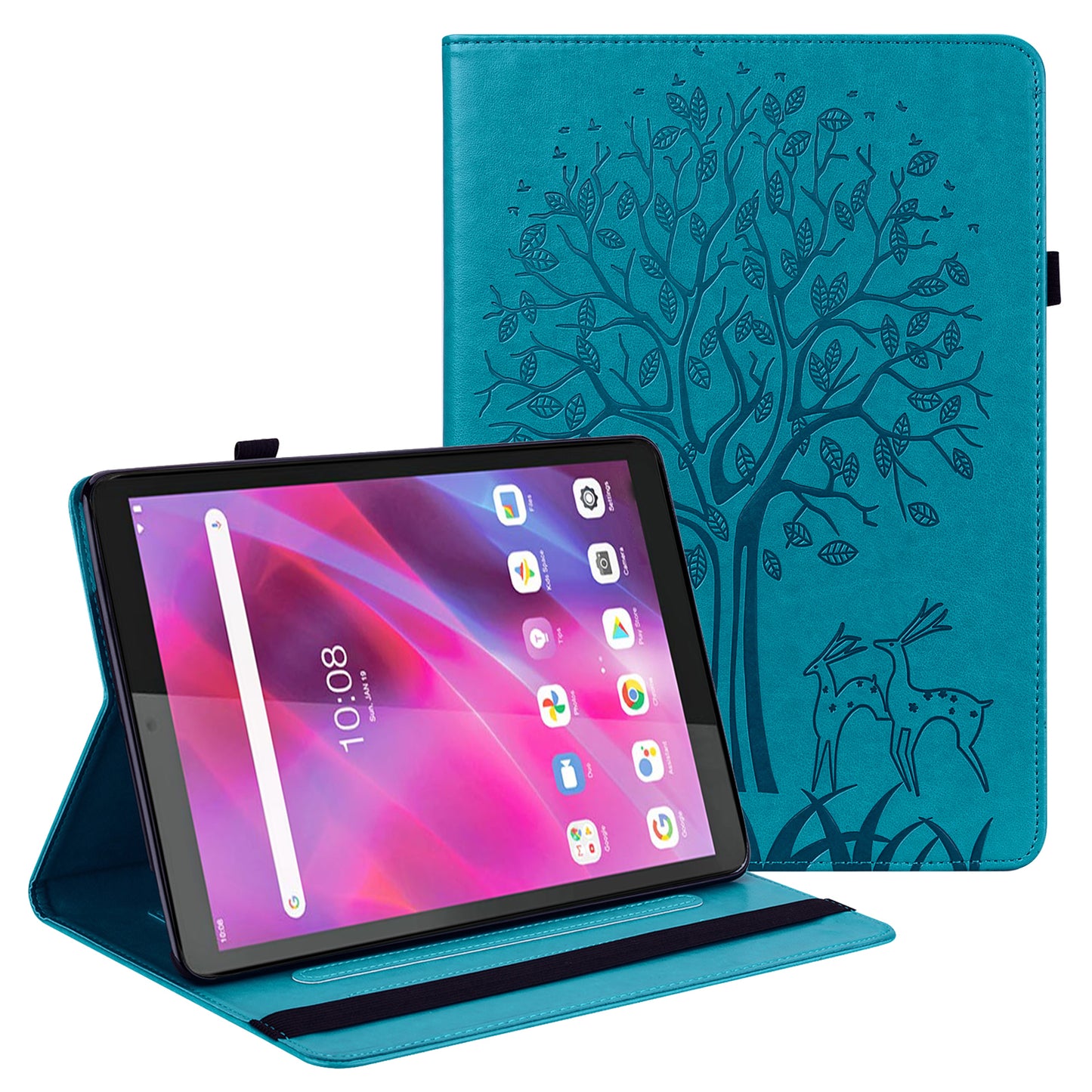 Imprint Tree and Deer Pattern Elastic Strap Closure Leather Stand Tablet Cover for Lenovo Tab M10 HD (TB-X505L/TB-X505F)/M10 (TB-X605L/TB-X605F)/Tab P10 (TB-X705F TB-X705L)