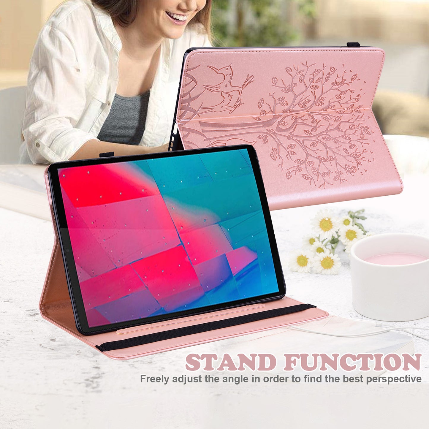 Imprinted Tree and Deer PU Leather Folio Flip Stand Protective Case Cover with Card Holder for Lenovo Tab M10 Plus TB-X606F / TB-606X