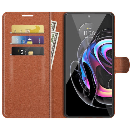 Litchi Skin Leather Phone Protective Shell Case with Wallet Stand for Motorola Edge 20 Pro 5G