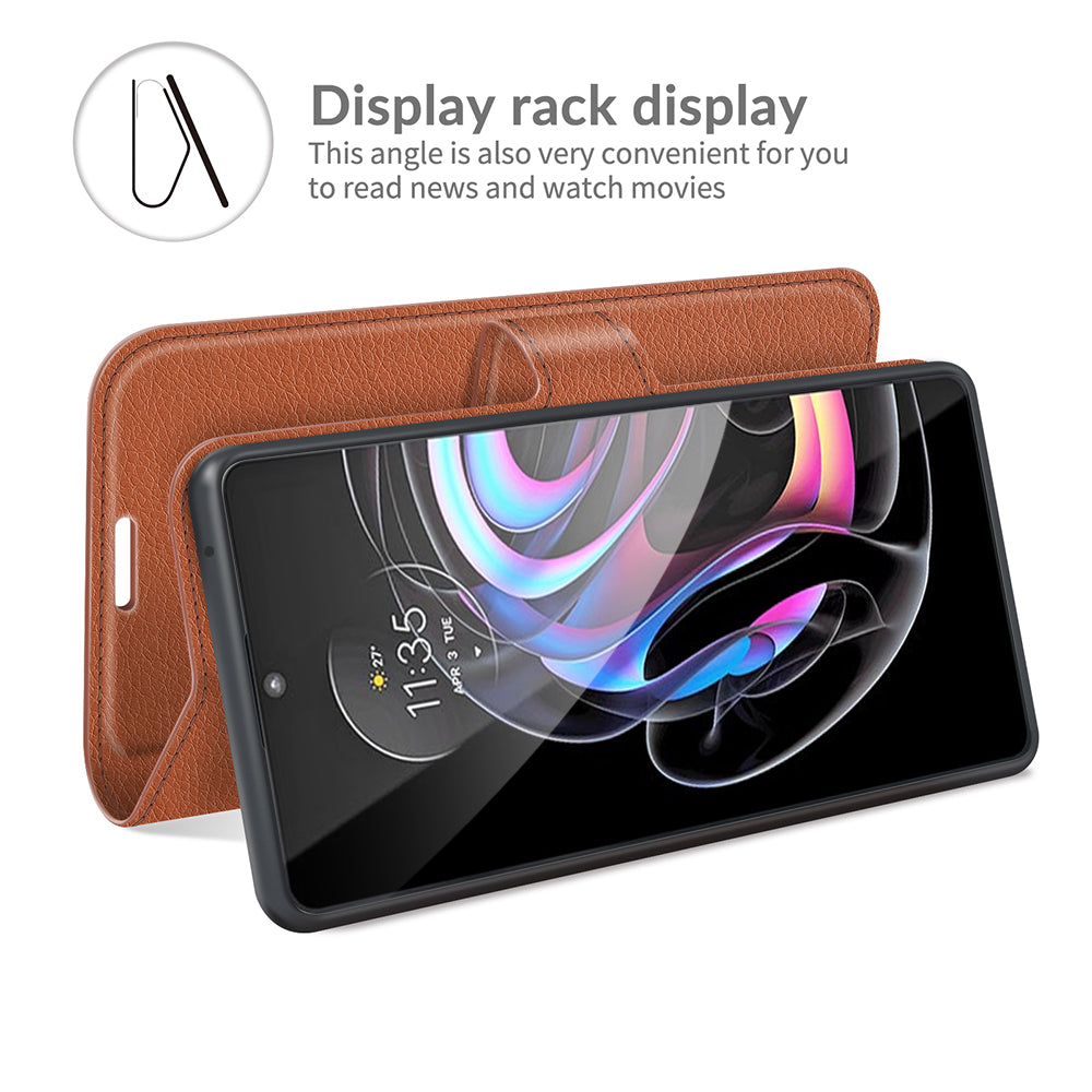 Litchi Skin Leather Phone Protective Shell Case with Wallet Stand for Motorola Edge 20 Pro 5G