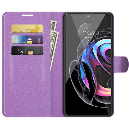 Litchi Skin Leather Phone Protective Shell Case with Wallet Stand for Motorola Edge 20 Pro 5G